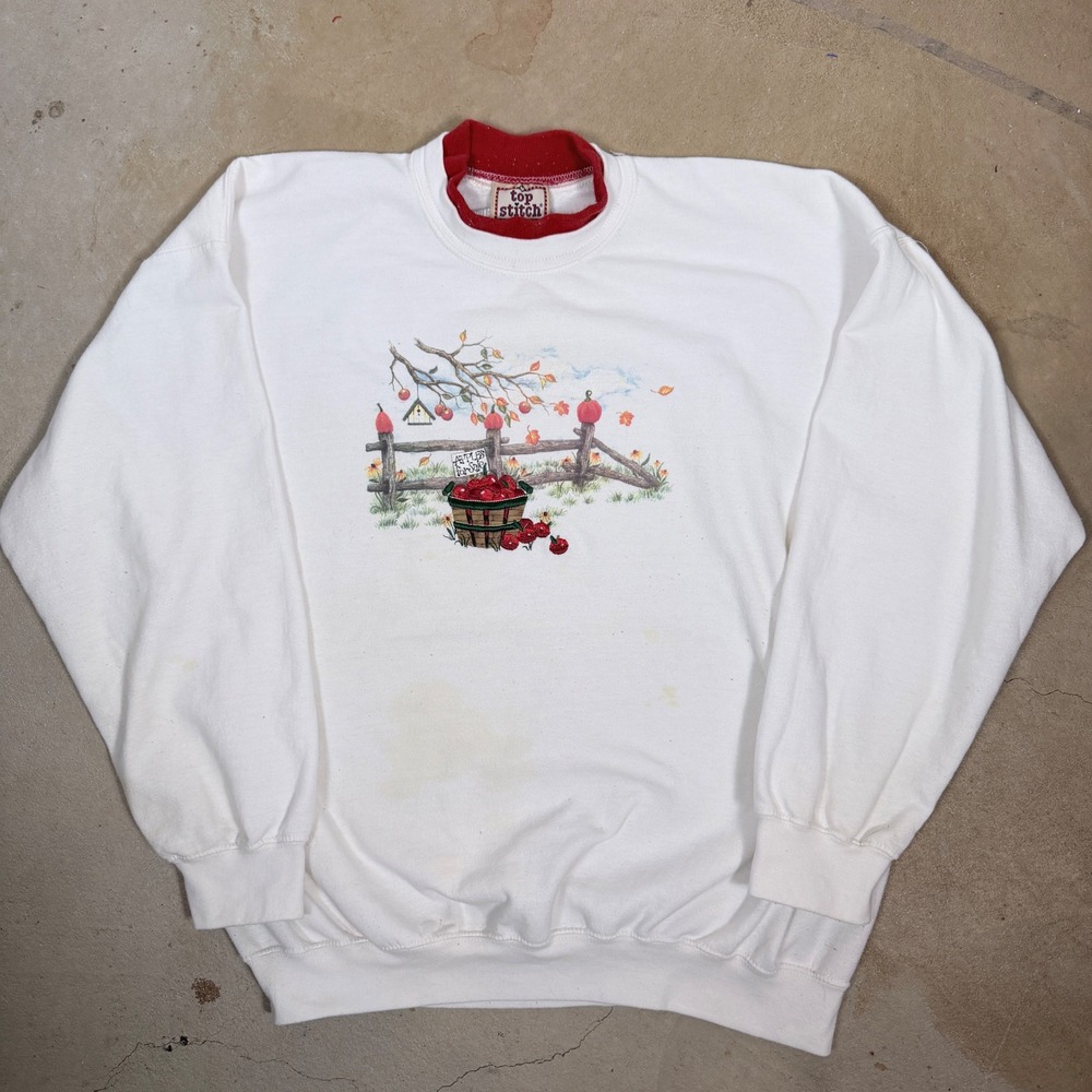 Top Stitch By Morning Sun Womens XL White Red Apple Fence Embroidered Sweatshirt